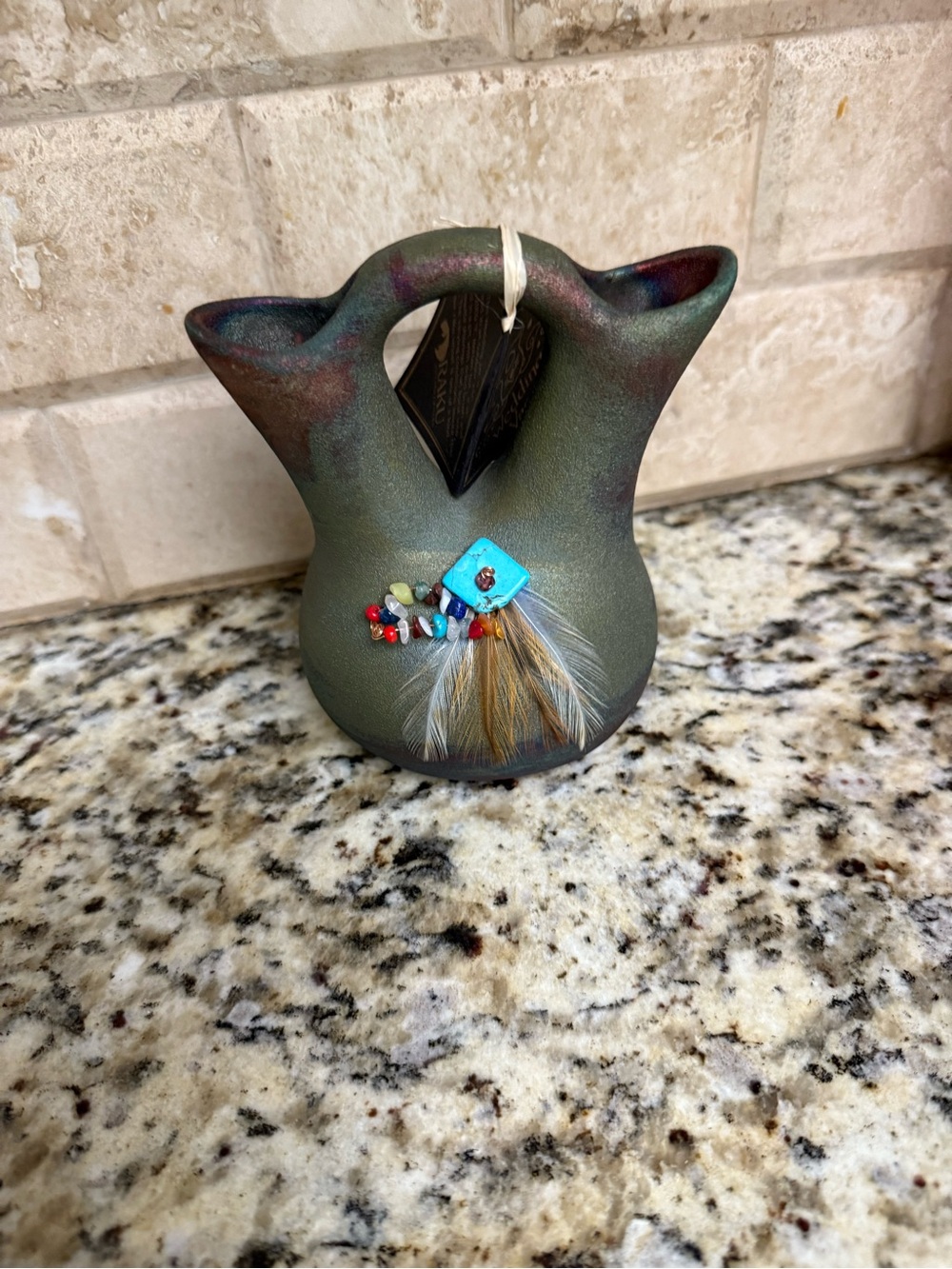 Handcrafted Green Pueblo-Style Pottery Vase with Bead and Feather Accent